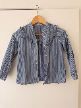 Crewcuts by J.Crew Blue & White Ruffle Stripe Blouse – Girls Size 8